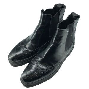 Prada Black Leather Brogue Chelsea Platform Boots Size 38